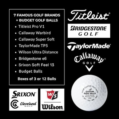 Custom golf balls - 7 top golf ball brands including Titleist Pro V1, Callaway, Bridgestone, TaylorMade, Srixon and Wilson.