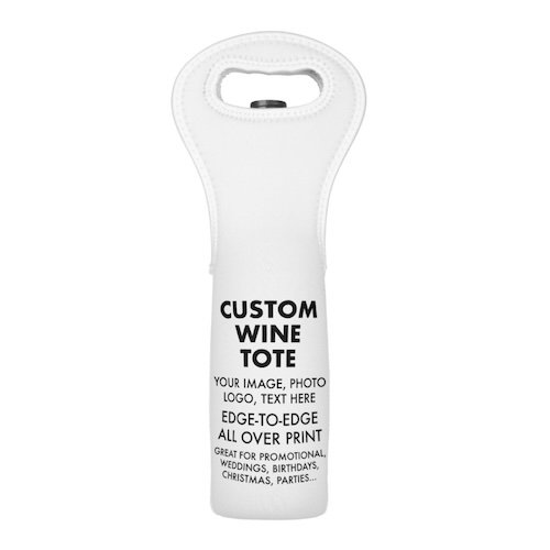 Personalized logo neoprene wine sleeve bottle cooler tote pictured flat.