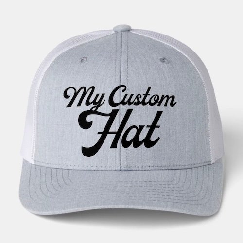 HEATHER GREY and WHITE 6 panel snapback custom trucker hat.