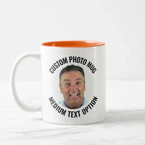 Medium Text ORANGE Two-Tone Personalized Photo Mug.
