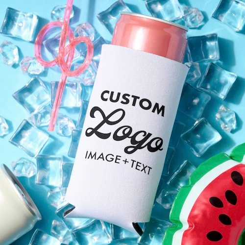 Personalised Seltzer custom logo can cooler sleeve pictured on ice.