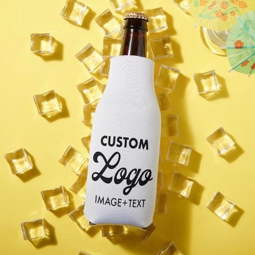 Personalized logo bottle cooler neoprene zippered sleeve pictured on ice.
