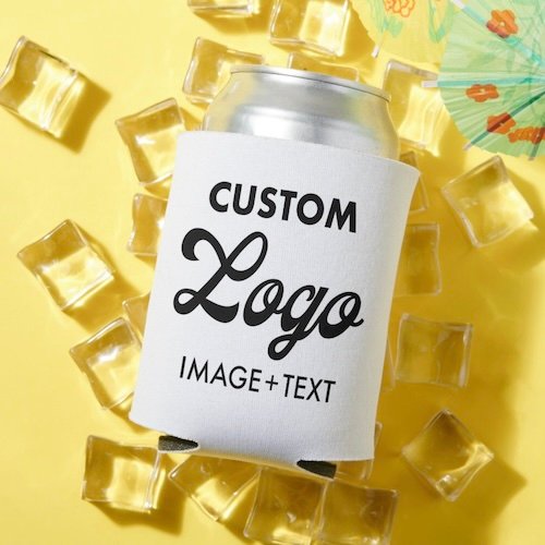 Promtotional custom logo beer can cooler sleeve pictured on ice.